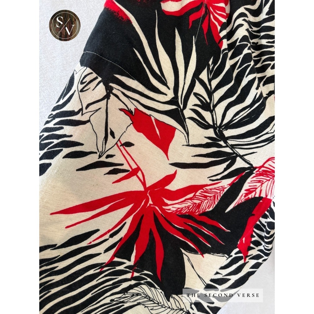 VTG Tropical Palm Print Linen Pants Red Black Cream Wide Leg Pull On Drawstring - Picture 5 of 10